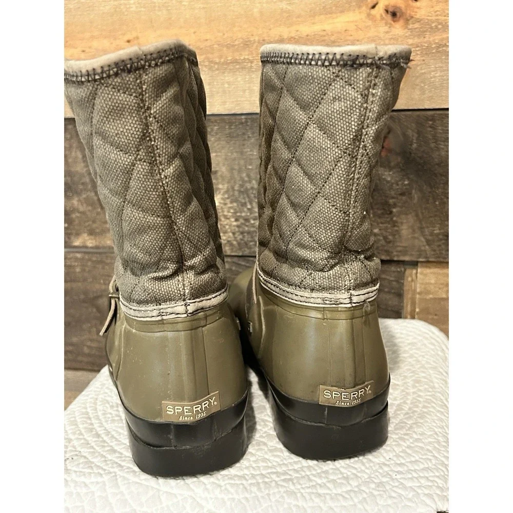 WOMENS SZ 9 SPERRY TOP SIDER OLIVE‎ RUBBER RAIN BOOTS MID CALF